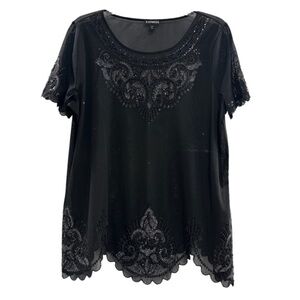 Women’s Express Sheer Mesh Sequin Top Blouse Short Sleeve Shirt Black Large
